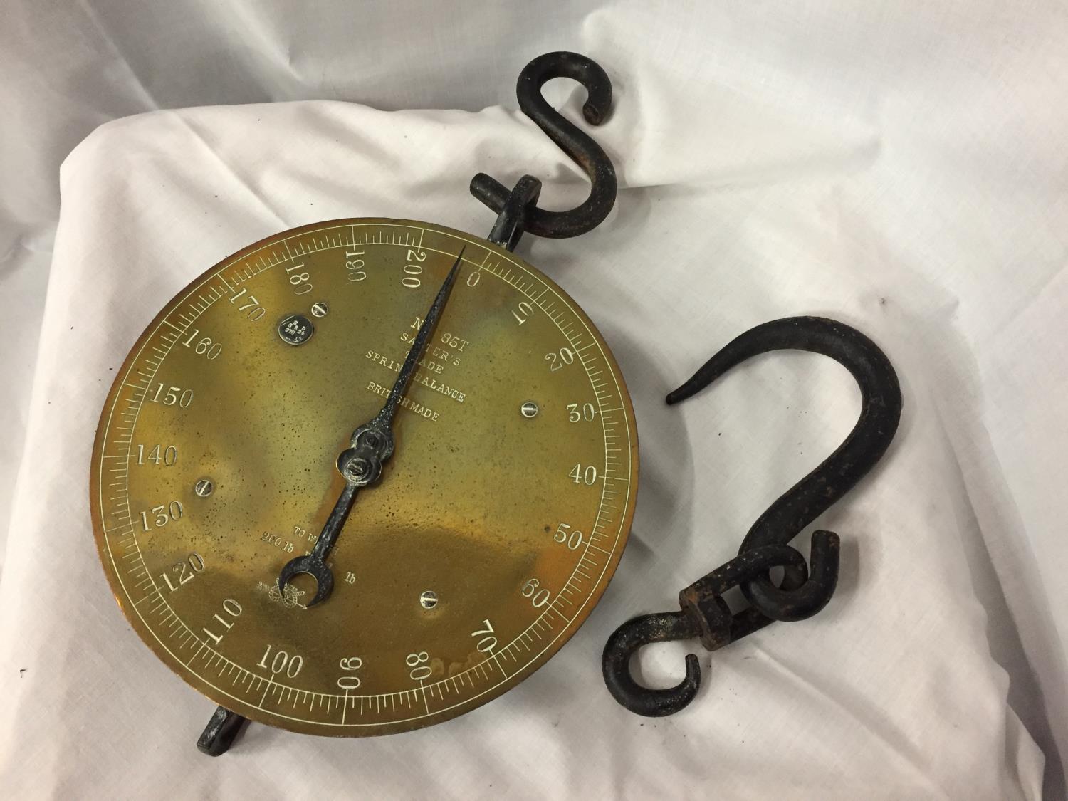 A SET OF SALTER'S TRADE SPRING BALANCE BRASS AND IRON HANGING SCALES NO. 85T