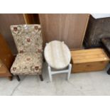 A BEDROOM CHAIR, 1970'S OVAL DRESSING STOOL ON PAINTED BASE AND A PINE BOX