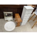 A SMALL OAK DROP LEAF TABLE, MODERN WALL MIRROR, A MODERN SEVEN DRAWER CHEST AND 20" PLASTER WALL/