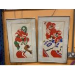 TWO FRAMED SIGNED PRINTS OF AMERICAN FOOTBALL PLAYERS. FOXING TO BOTH