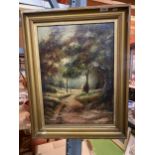 A LOVELY OIL ON CANVAS PAINTING OF A WOODLAND SCENE SIGNED LOWER LEFT IN A GILT FRAME