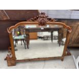 A VICTORIAN WALNUT OVERMANTEL/CHIFFONIER MIRROR, 51" WIDE, WITH FOLIATE CARVING