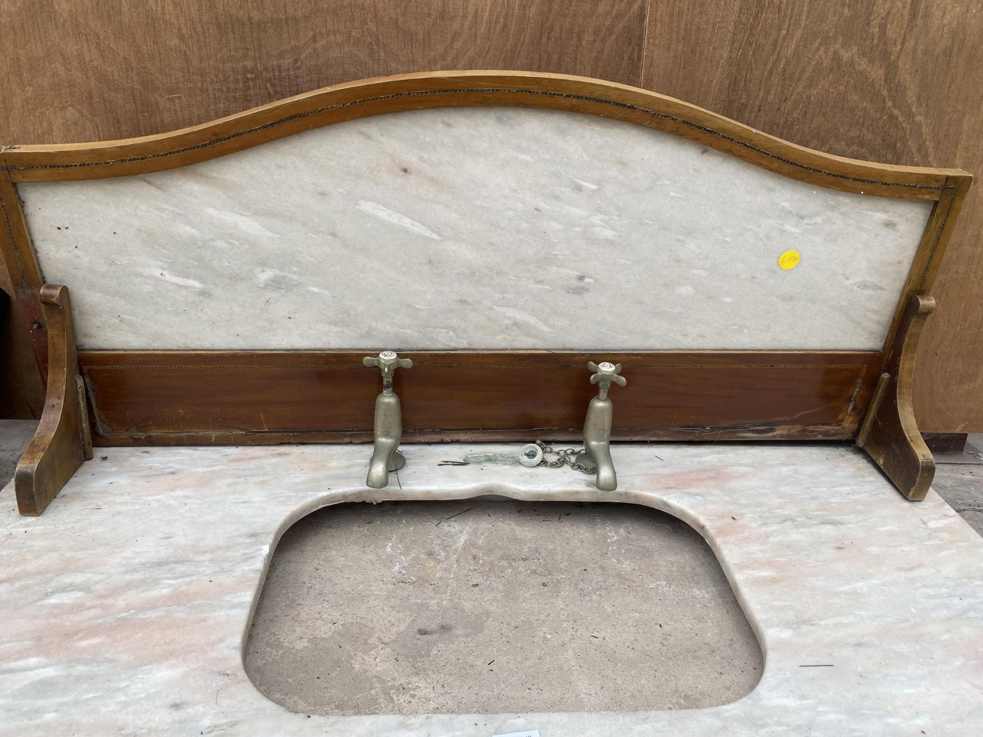 A VINTAGE MARBLE WASH BASIN TOP WITH BRASS TAPS AND SPLASH BACK - Image 3 of 4