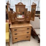 A VICTORIAN SATINWOOD DRESSING CHEST WITH TRIPLE MIRRORS AND MIRROR DOOR CABINETS, 36" WIDE