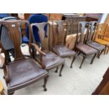 FIVE MAHOGANY QUEEN-ANNE STYLE DINING CHAIRS, ONE BEING A CARVER