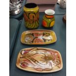 FOUR PIECES OF POOLE POTTERY TO INCLUDE TWO PIN TRAYS, AND TWO VASES