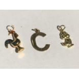 THREE 9 CARAT GOLD CHARMS TO INCLUDE A C, COCKEREL AND A DUCK GROSS WEIGHT 3.7 GRAMS