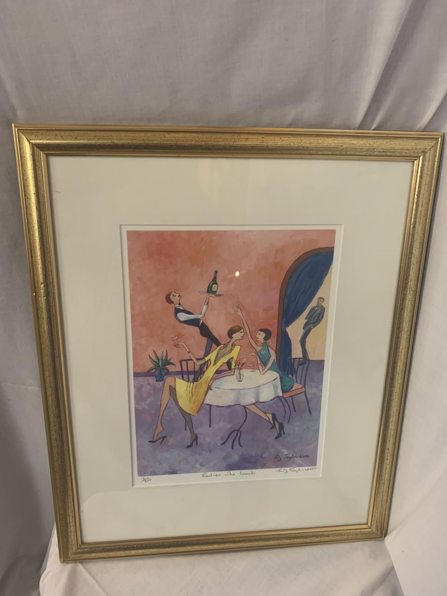 A GILT FRAMED LIMITED EDITION LIZ TAYLOR WEBB PICTURE 'LADIES WHO LUNCH' PENCIL SIGNED TO LOWER