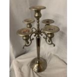 A TALL ORNATE CHROME FIVE BRANCH CANDLEABRA