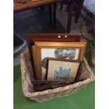 A BASKET OF VARIOUS FRAMED PICTURES TO INCLUDE JOHN LENNON, MOUNTAINOUS SCENES, THE BEATLES, ETC