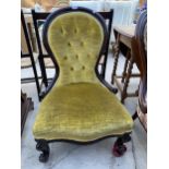 A VICTORIAN BUTTON BACK SPOON BACK CHAIR WITH OLIVE UPHOLSTERY