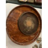 TWO WOODEN TRAYS, ONE WITH AN INLAID CENTRE DIAMETER 19CM