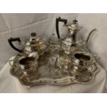 A SILVER PLATED TEAPOT, COFFEE POT, MILK JUG AND SUGAR BOWL ON A TRAY