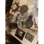 A COLLECTION OF ITEMS TO INCLUDE A BAROMETER, A LARGE PAINTED WOODEN CLOGG, A BAG OF BUTTONS ETC