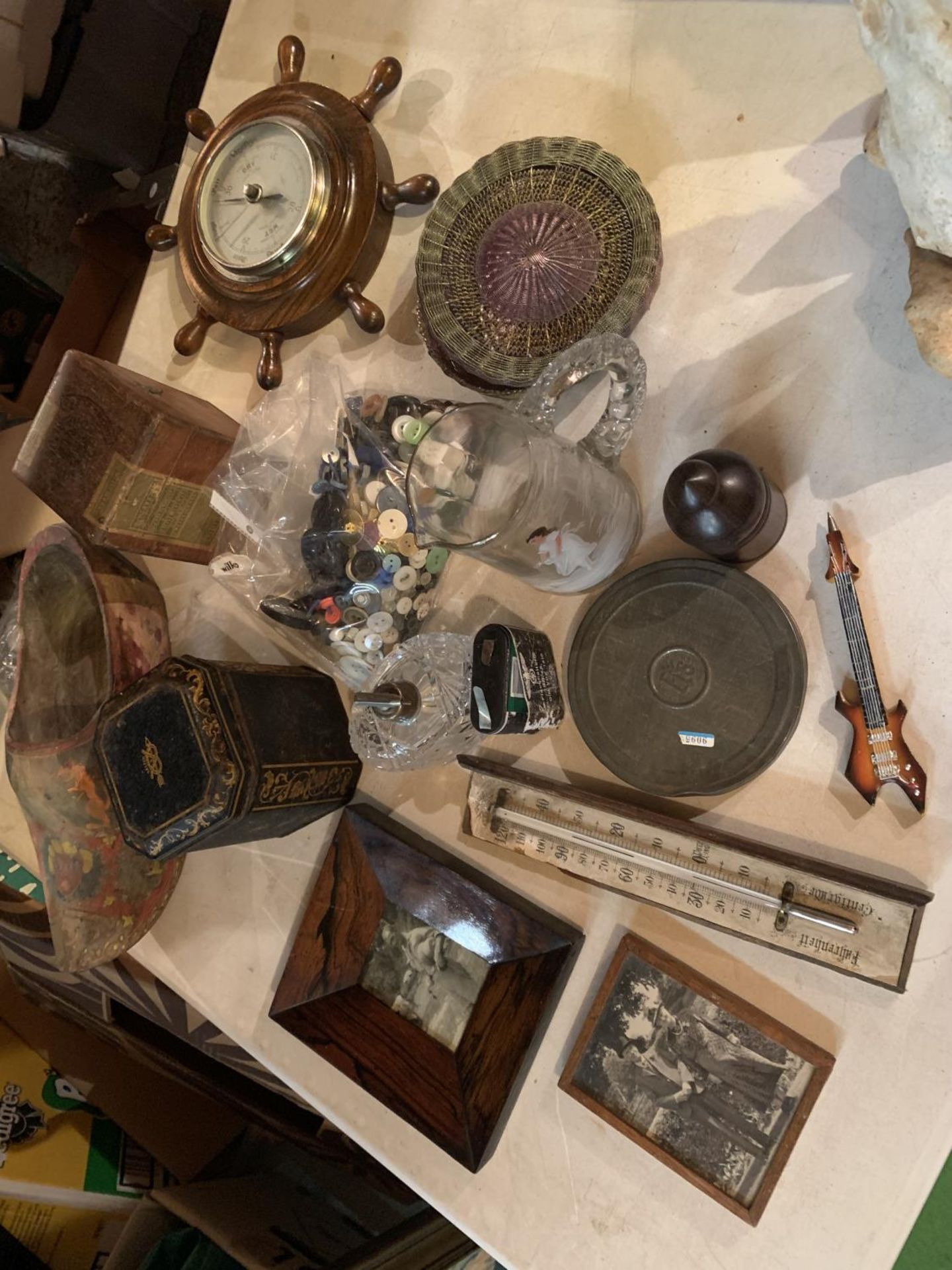 A COLLECTION OF ITEMS TO INCLUDE A BAROMETER, A LARGE PAINTED WOODEN CLOGG, A BAG OF BUTTONS ETC