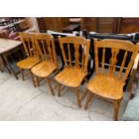 FOUR MODERN SPLAT-BACK DINING CHAIRS WITH TURNED SUPPORTS AND STRETCHER RAILS