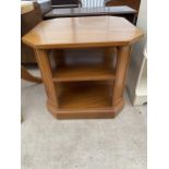 A WALNUT THREE TIER OCCASIONAL TABLE WITH CANTED CORNERS 27" SQUARE
