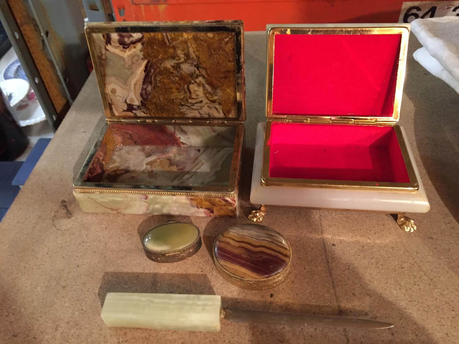 TWO RESIN JEWELLERY/TRINKET BOXES, TWO PILL BOXES AND A LETTER OPENER - Image 2 of 3