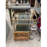 THREE VARIOUS ITEMS TO INCLUDE A THREE TIER TROLLEY, A MAGAZINE RACK AND A CANDLE LANTERN