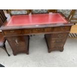 A REPRODUCTION MAHOGANY KNEE HOLE DESK WITH LEATHER TOP - 48" X 24" (WITH KEY)