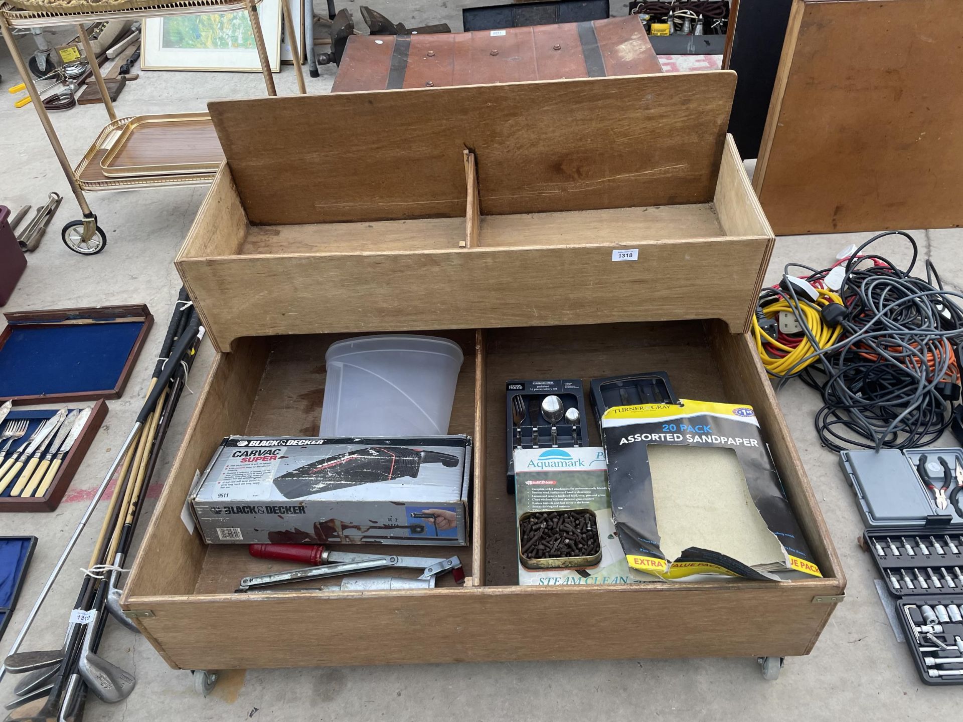 A TWO TIERED STORAGE CART AND AN ASSORTMENT OF TOOLS ETC