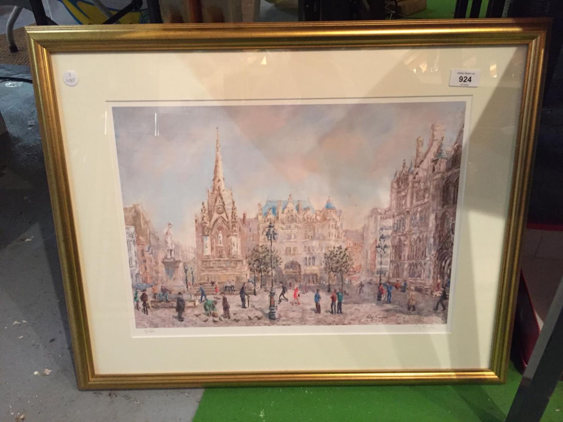 A FRAMED PICTURE OF A STREET SCENE, SIGNED LIZ TAYLOR, LIMITED EDITION 90/350