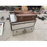 TWO TRAVELLING TRUNKS, SUITCASE - COURIER DE LUXE AND A FISHING ROD