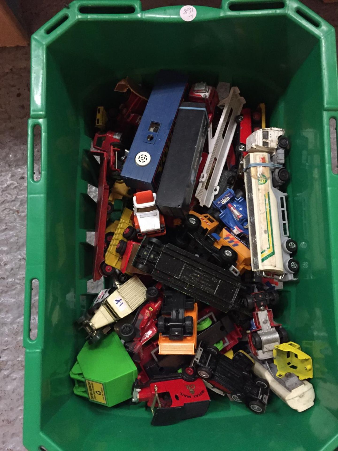 A LARGE BOX OF PLAYWORN DIECAST TOY CARS