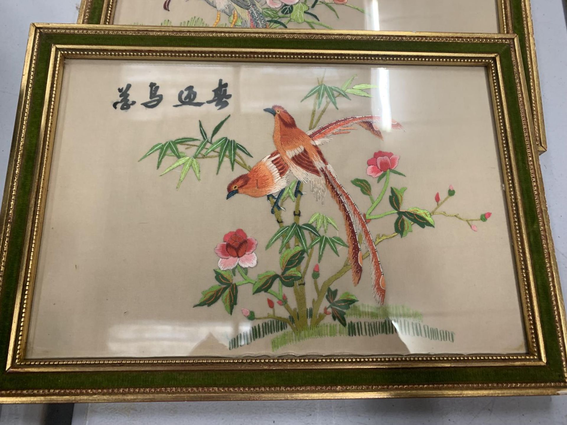 FOUR FRAMED SILK EMBROIDERED ORIENTAL STYLE PICTURES OF BIRDS - Image 4 of 5