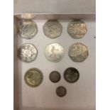 TEN VARIOUS COINS - SIX DECIMAL 50 P, 1884 MAUNDY 4 P, 1941 FLORIN, 1945 SHILLING AND 1897 3 d