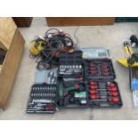 A LARGE QUANTITY OF SCREW DRIVER AND SOCKET SETS TO ALSO INCLUDE A PARKSIDE BATTERY DRILL ETC