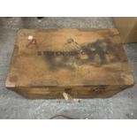 A WOODEN BOX WITH METAL BANDING SIZE 50 X 29H X 29