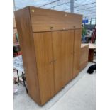 TWO RETRO TEAK EFFECT SCHREIBER WARDROBES BOTH 31.5" WIDE AND A MATCHING CHEST OF FIVE GRADUATED