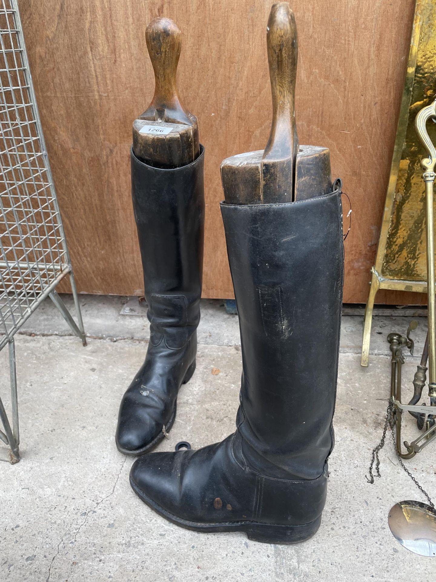 A PAIR OF LEATHER RIDING BOOTS WITH FOUR SECTION WOODEN STRETCHERS STAMPED 'F. WATTS' - Image 2 of 8