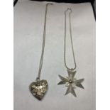 TWO SILVER NECKLACES WITH PENDANTS TO INCLUDE A HEART LOCKET AND A CROSS