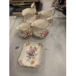 FIVE PIECES OF ROYAL CROWN DERBY ' DERBY POSIES' TO INCLUDE FOUR JUGS AND A PIN TRAY