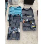 THREE VARIOUS BATTERY DRILLS TO INCLUDE A MAKITA
