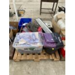 AN ASSORTMENT OF HOUSEHOLD CLEARANCE ITEMS TO INCLUDE CERAMICS, CLOTHING AND MATERIAL ETC