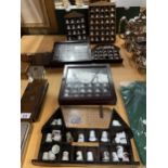 SIX WOODEN THIMBLE DISPLAY CASES WITH THIMBLES TO INCLUDE ROYALTY, ANIMALS, LOCATIONS ETC