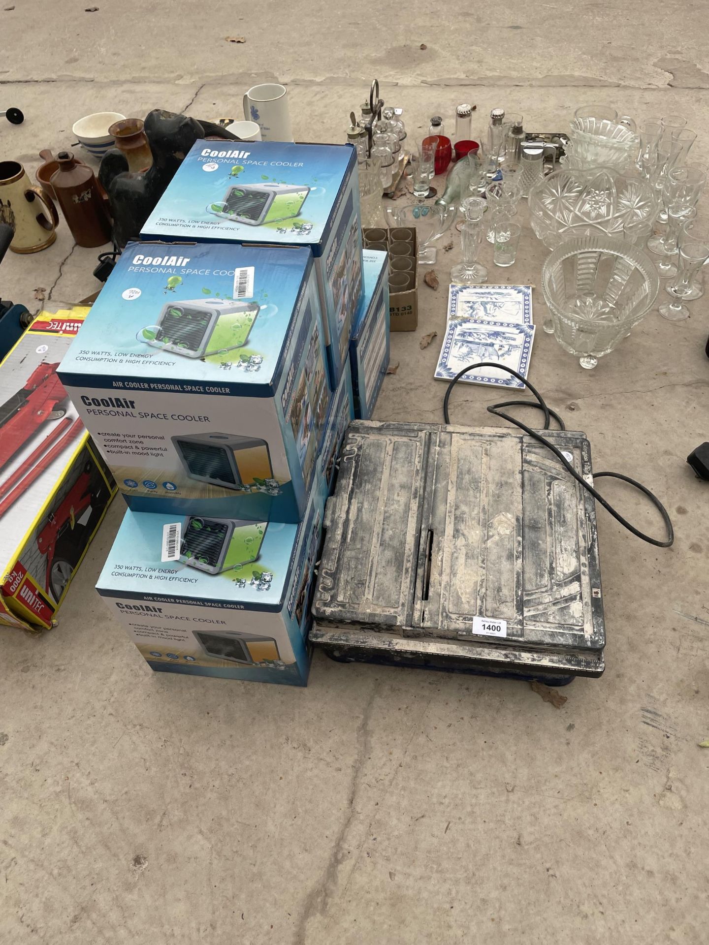 A TILE CUTTER AND FIVE BOXED COOLAIR PERSONAL SPACE COOLERS