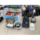 AN ASSORTMENT OF ITEMS TO INCLUDE WATER PIPE FITTINGS, A WORKZONE DRILL AND A SPOT LIGHT ETC