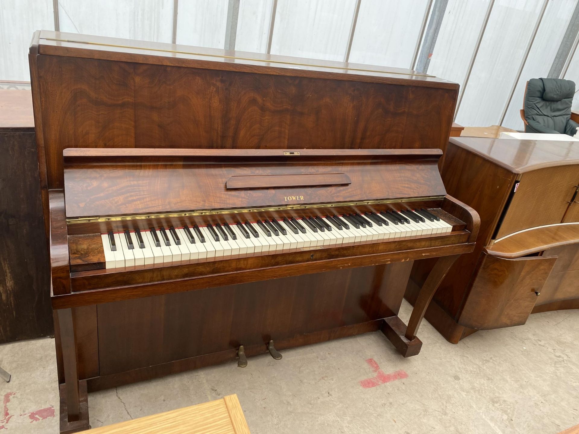 A WALNUT CASED OVERSTRUNG PIANO, BEARING TOWER LABEL