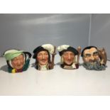 FOUR SMALL ROYAL DOULTON TOBY JUGS TO INCLUDE 'MERLIN' AND 'SAIREY GAMP'