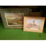 A MOUNTED PICTURE OF A TOWN HALL SIGNED JOAN BROAD JUNE 1996 AND A FRAMED PICTURE OF A COUNTRYSIDE