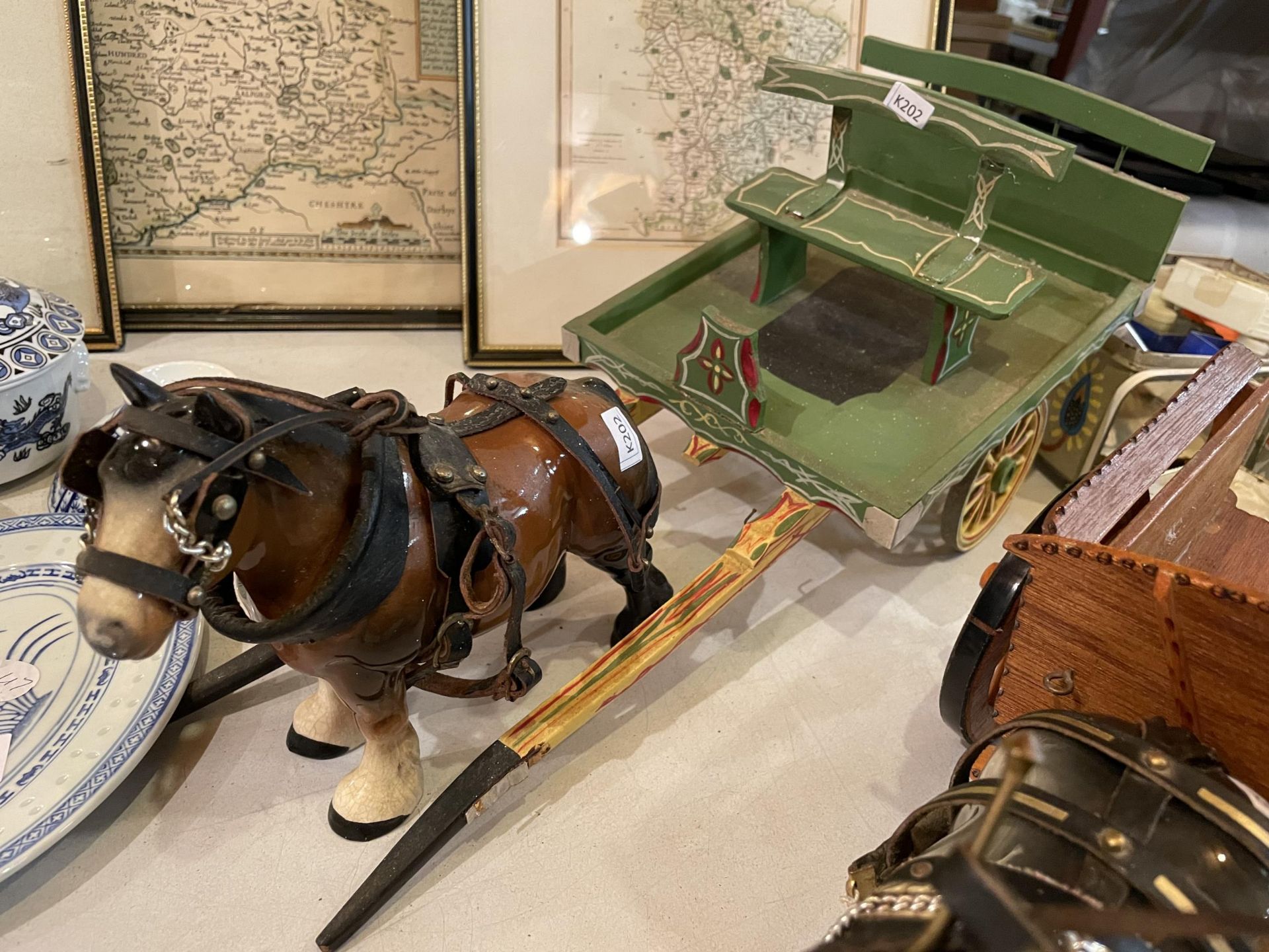 TWO CERAMIC HORSES WITH WOODEN CARTS - Image 2 of 6