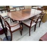 A MAHOGANY DINING TABLE AND SIX CHAIRS, TWO BEING CARVERS