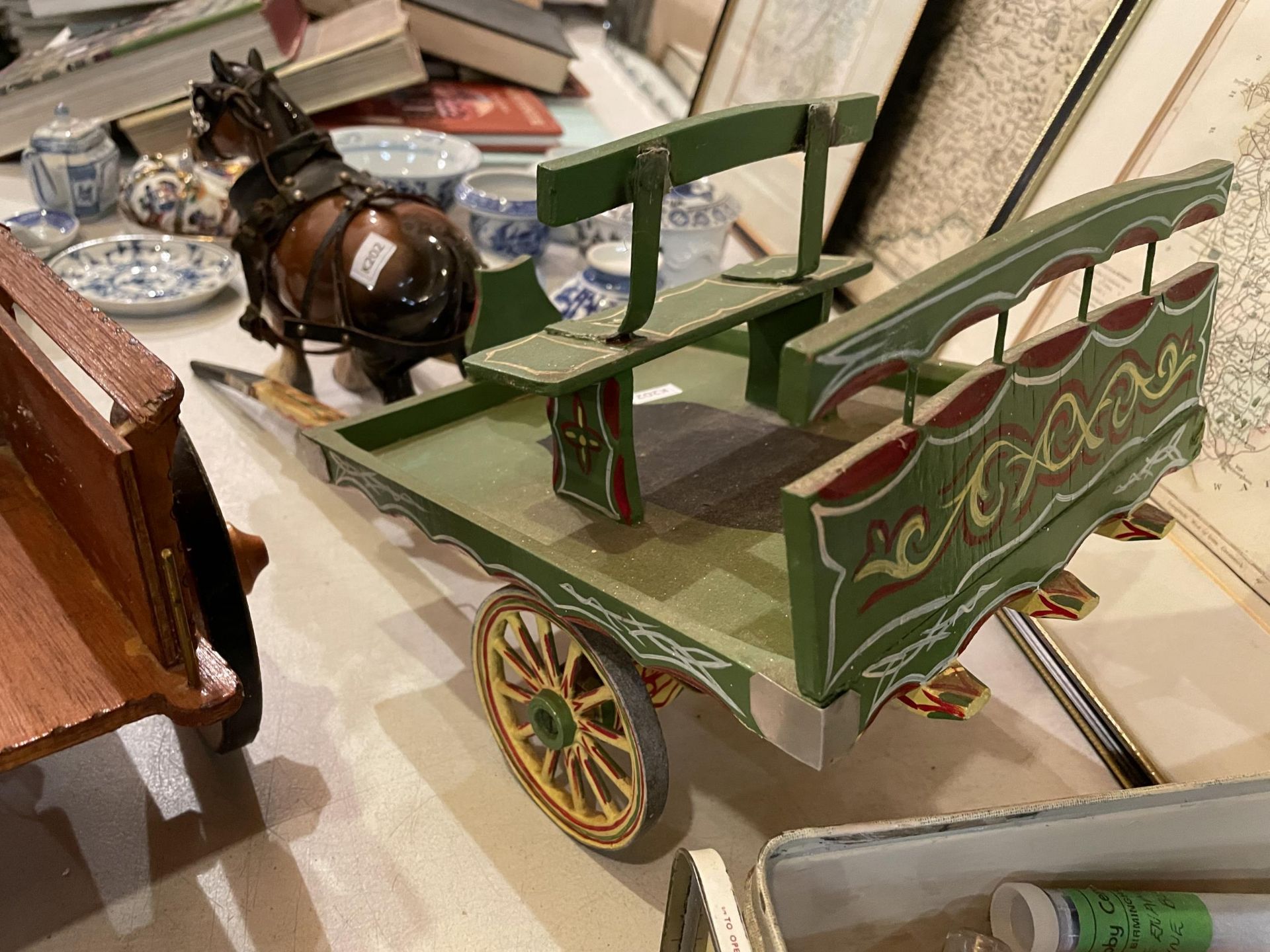 TWO CERAMIC HORSES WITH WOODEN CARTS - Image 3 of 6