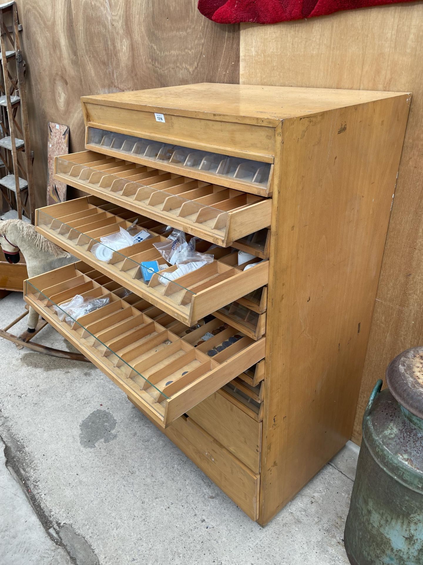 A VINTAGE MACHINIST'S HABERDASHERY CABINET ENCLOSING TWELVE VARIOUS SECTIONAL DRAWERS - Image 3 of 5