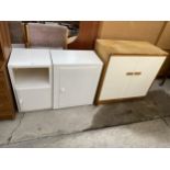 A WHITE BEDSIDE CABINET, SMALL WHITE CABINET AND A TEAK AND CREAM CABINET WITH TWO DOORS