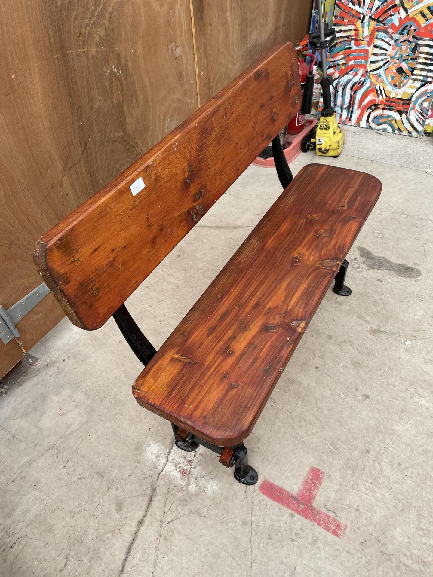 A VINTAGE WOODEN TRAM BENCH WITH CAST ENDS (L:105CM) - Image 4 of 6
